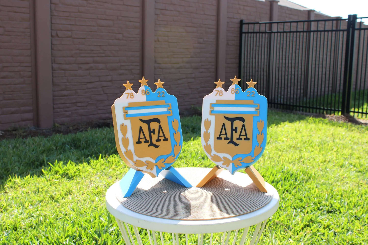 3D printed emblem of Argentina's AFA crest, celebrating 3 World Cup victories with vibrant colors and high-quality materials.