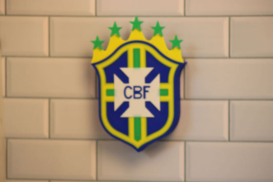 Brazil National Team 3D printed emblem featuring CBF logo with vibrant colors and unique design, perfect for fans.