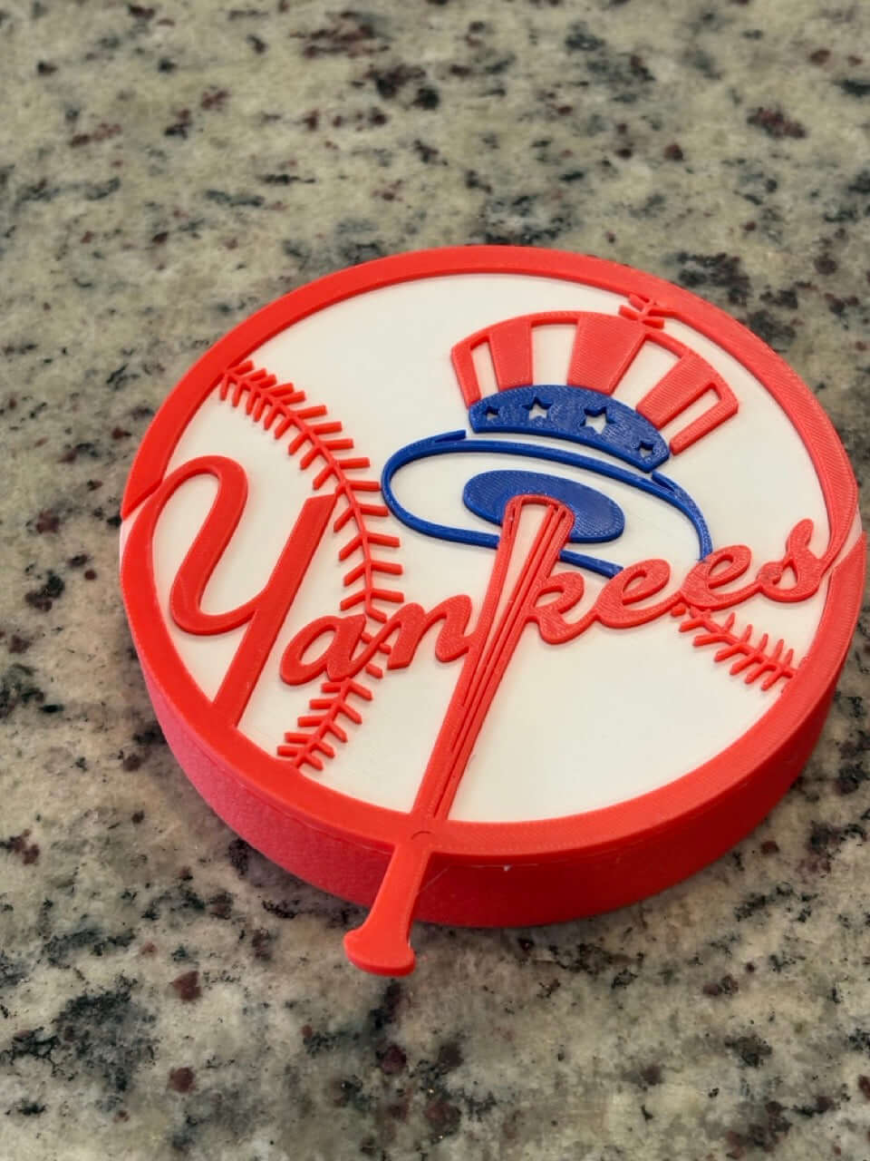 3D printed New York Yankees plaque with vibrant colors, unique design, no assembly required, perfect for sports decor.