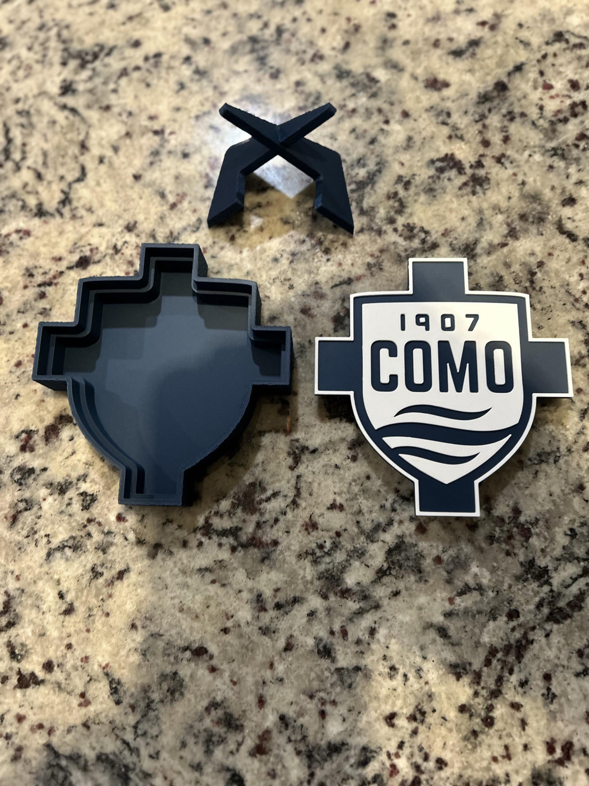 Como 1907 3D printed cross and shield crest display with stand and hidden stash box, Italian Serie A soccer fan gift, made in USA