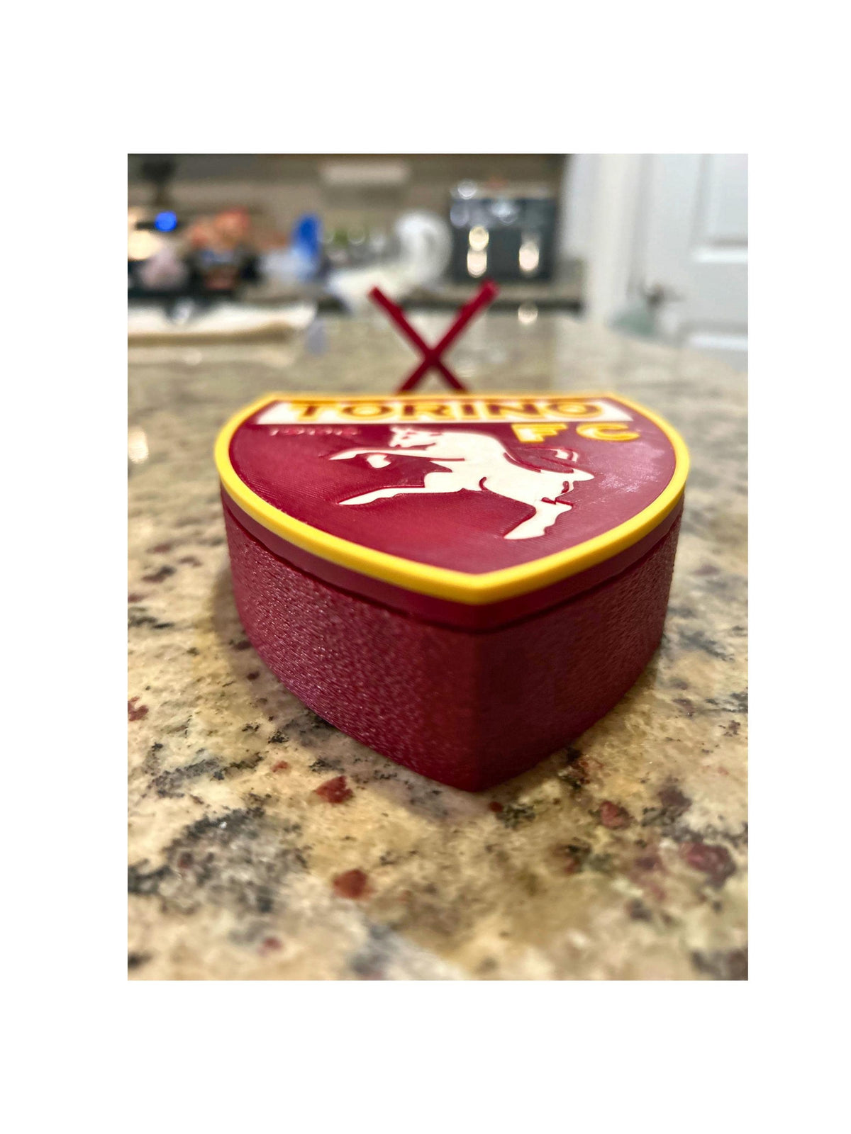 Torino FC 3D printed granata shield crest with rampant bull display with stand and hidden stash box, Italian Serie A soccer fan gift, made in USA