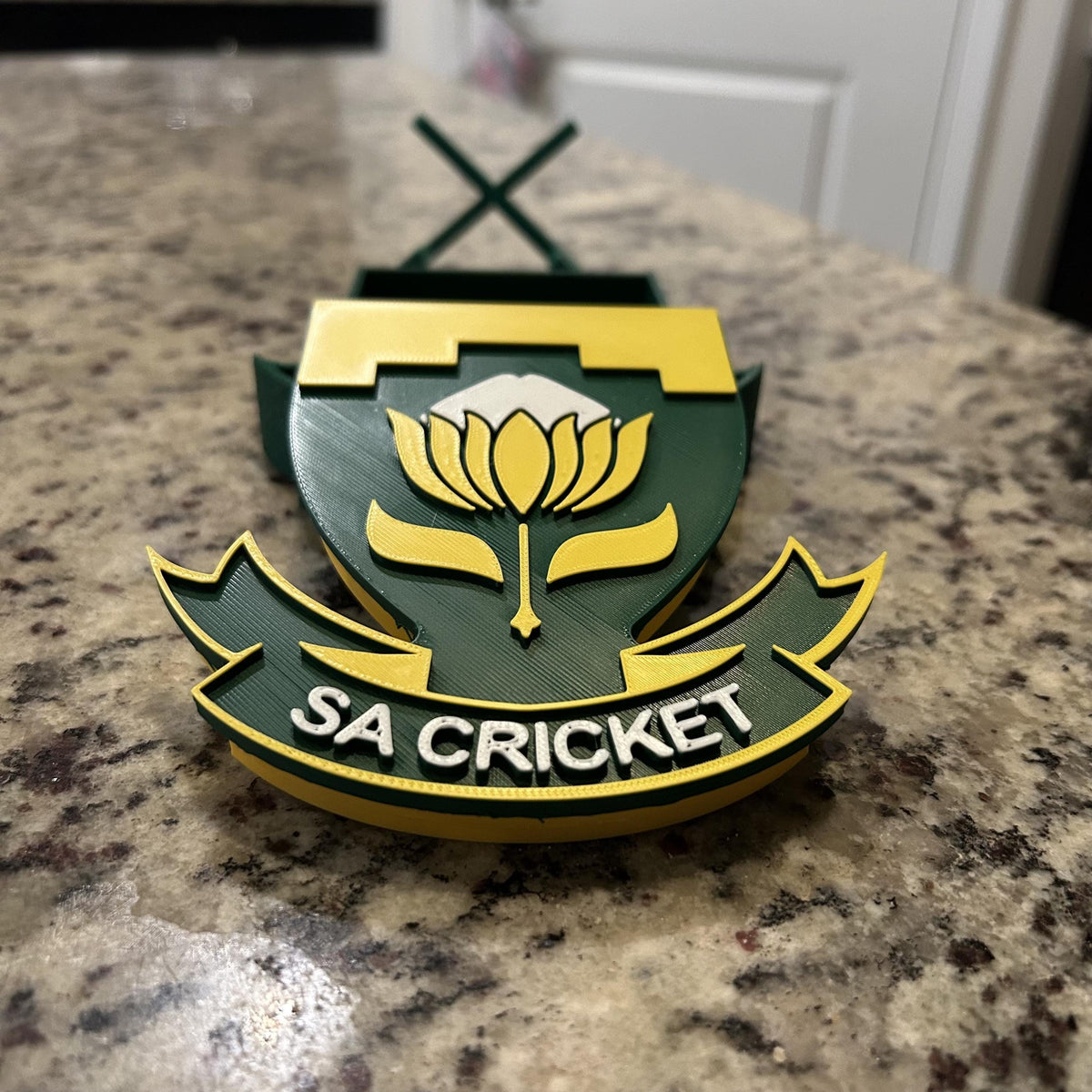 3D Printed South Africa Cricket Crest Display with Stand — also a desk decor; 3D printed fan gift, made in USA