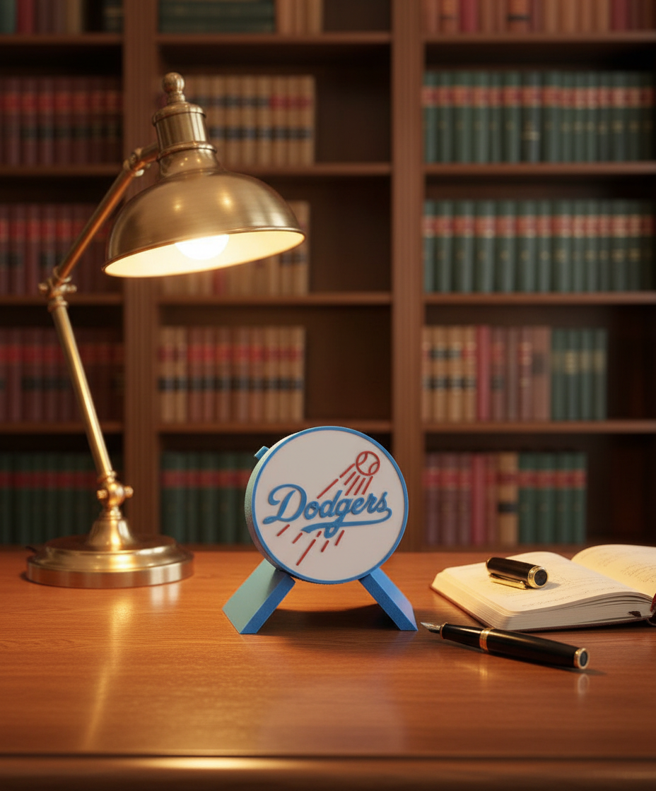 LA Dodgers 3D decorative box on a chevron display stand — executive office desk, leather-bound books, brass desk lamp