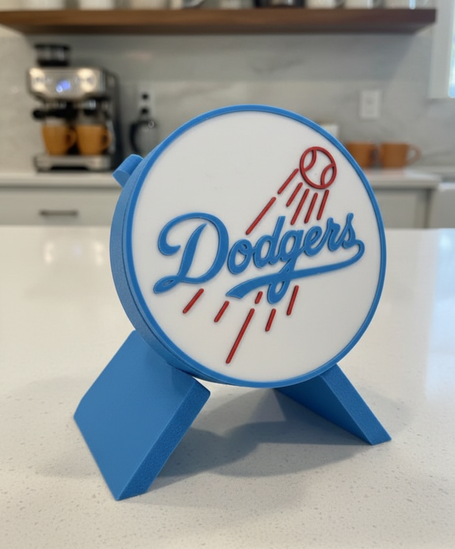 LA Dodgers 3D decorative box on a chevron display stand — modern white kitchen island, espresso machine and mugs blurred behind
