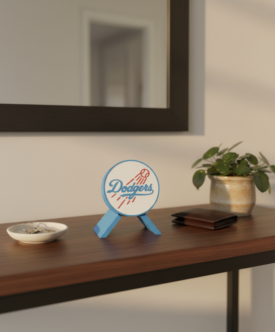 LA Dodgers 3D decorative box on a chevron display stand — walnut entryway console, mirror, keys dish, plant