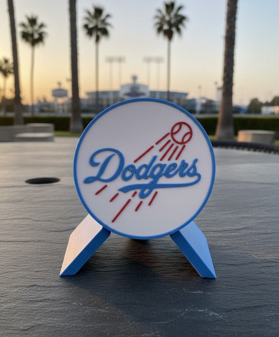 LA Dodgers 3D decorative box on a chevron display stand — outdoor patio with palm trees and Dodger Stadium silhouette, golden-hour LA