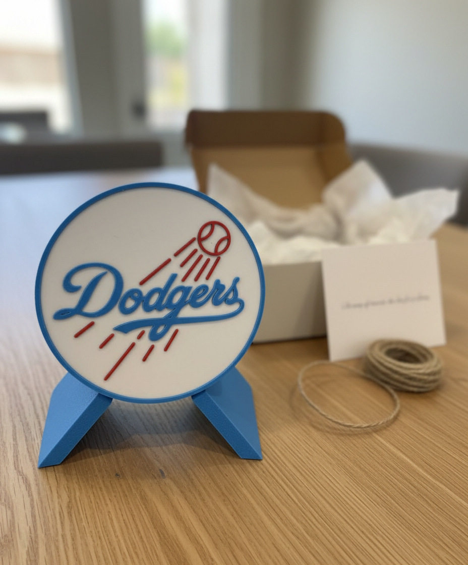 LA Dodgers 3D decorative box on a chevron display stand — Father's Day gift moment with open gift box, tissue, twine ribbon