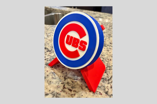 Chicago Cubs 3D printed decorative display plaque with team logo in red white and blue on desk stand