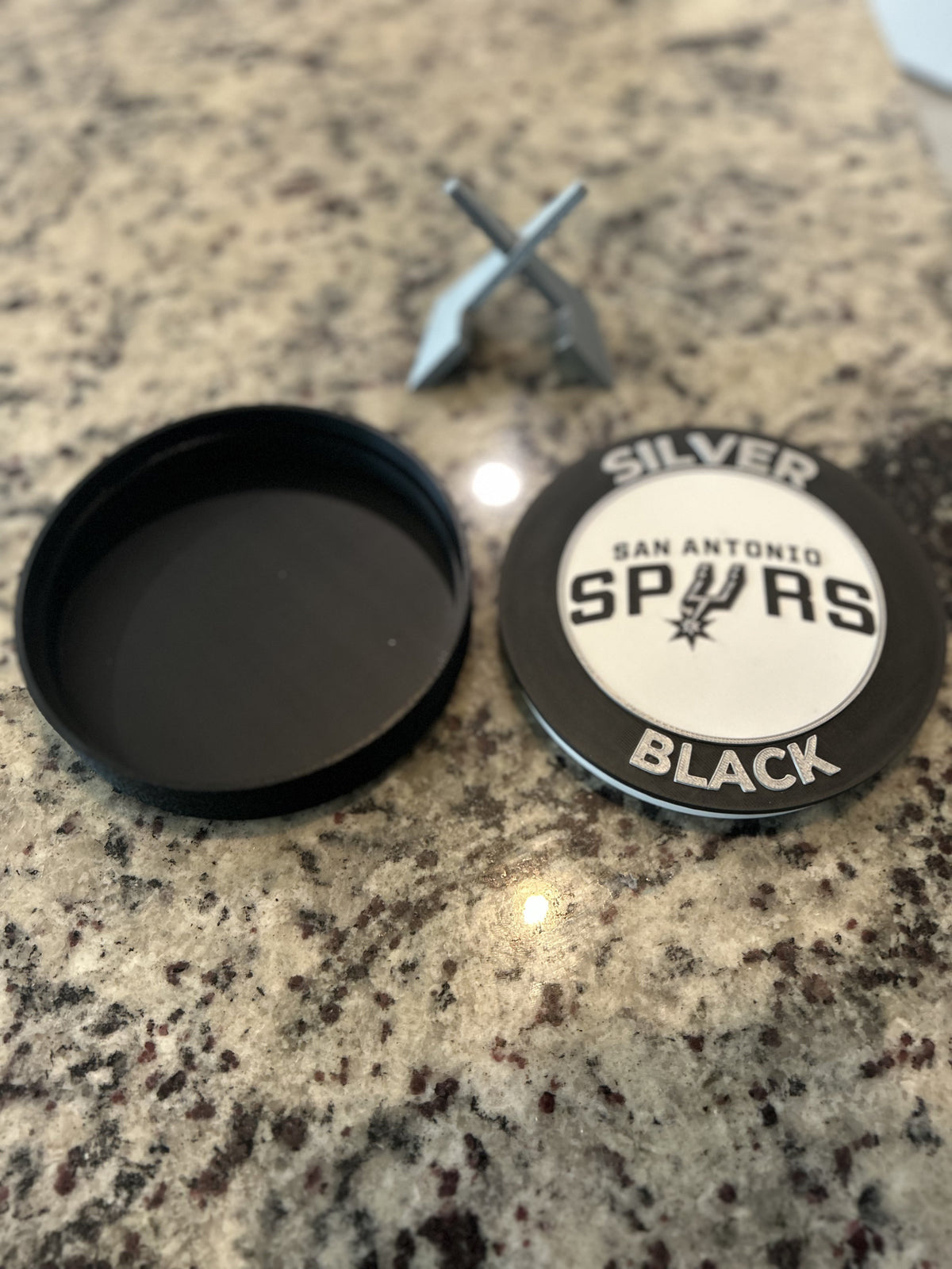 San Antonio Spurs 3D printed roundel and crest display with stand and hidden stash box, personalized NBA basketball fan gift, made in USA