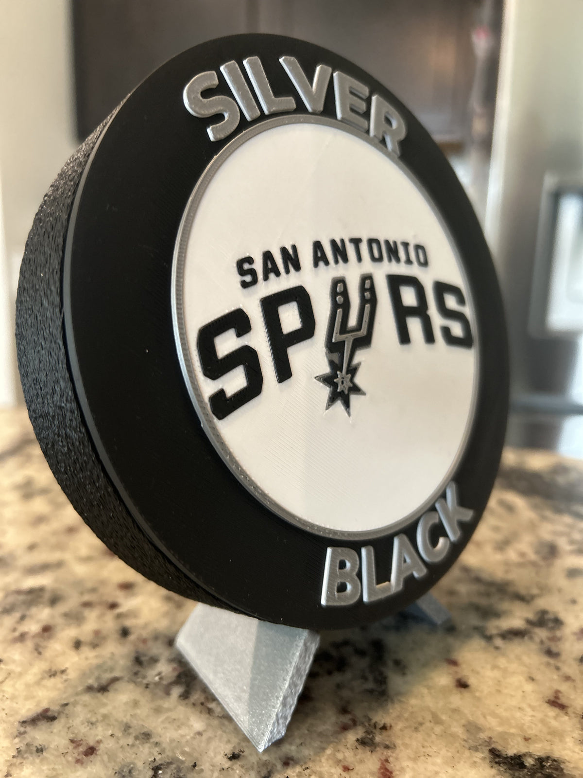 San Antonio Spurs 3D printed roundel and crest display with stand and hidden stash box, personalized NBA basketball fan gift, made in USA