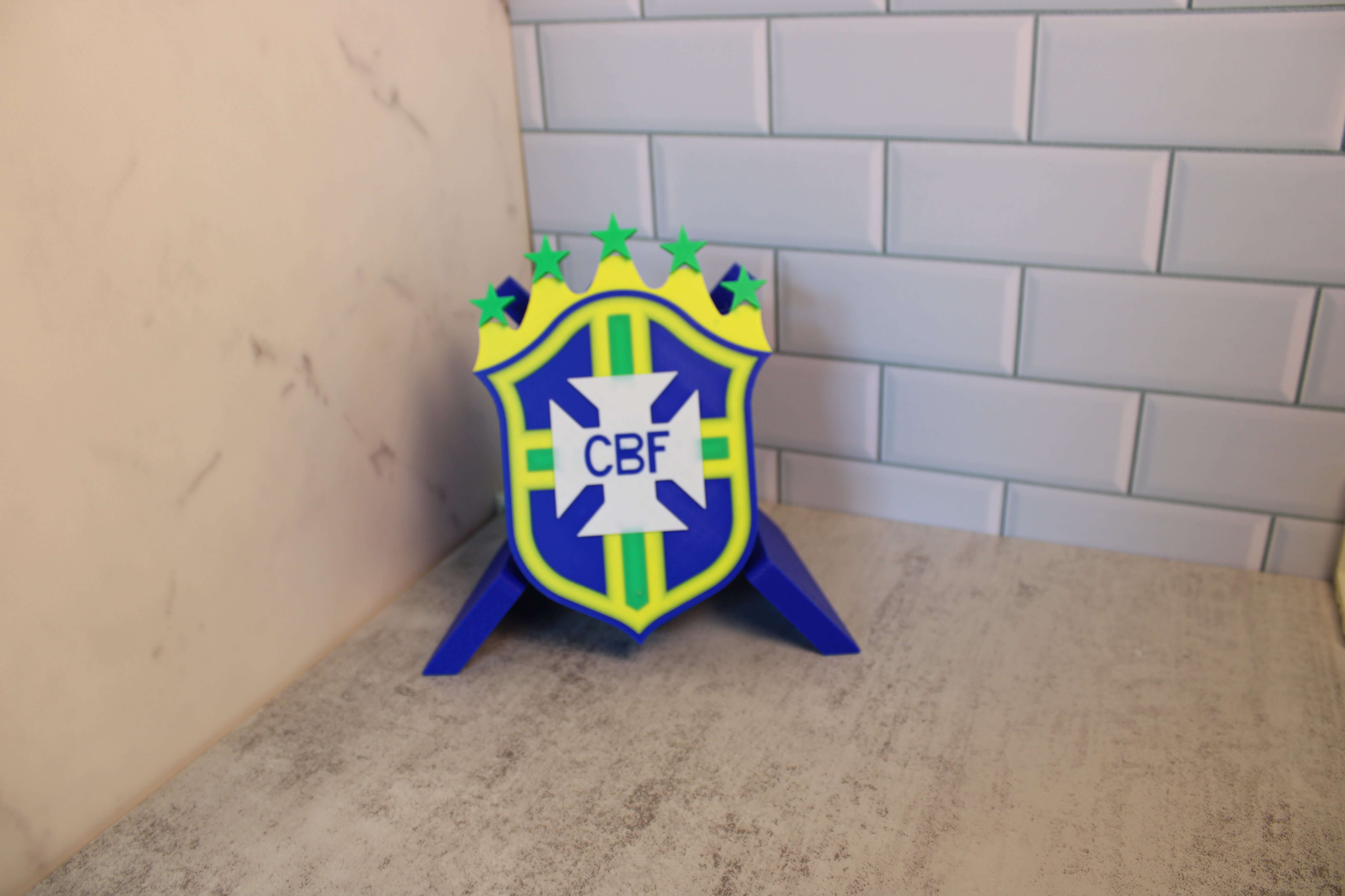 Brazil National Team 3D printed emblem in vibrant colors, showcasing CBF logo, perfect for soccer fans.