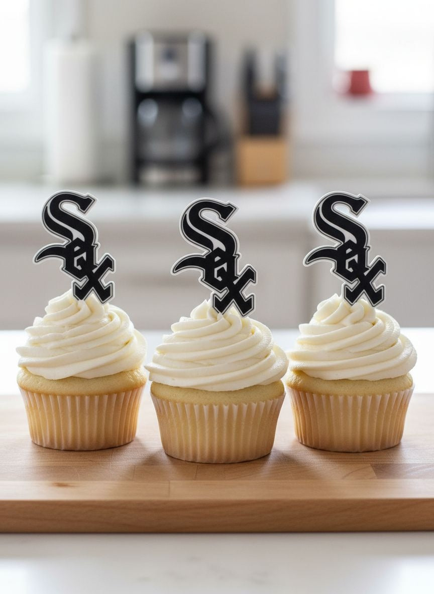 Chicago White Sox 3D printed cake topper and cupcake toppers, food-grade PETG Sox logo, MLB baseball birthday party decoration, made in USA