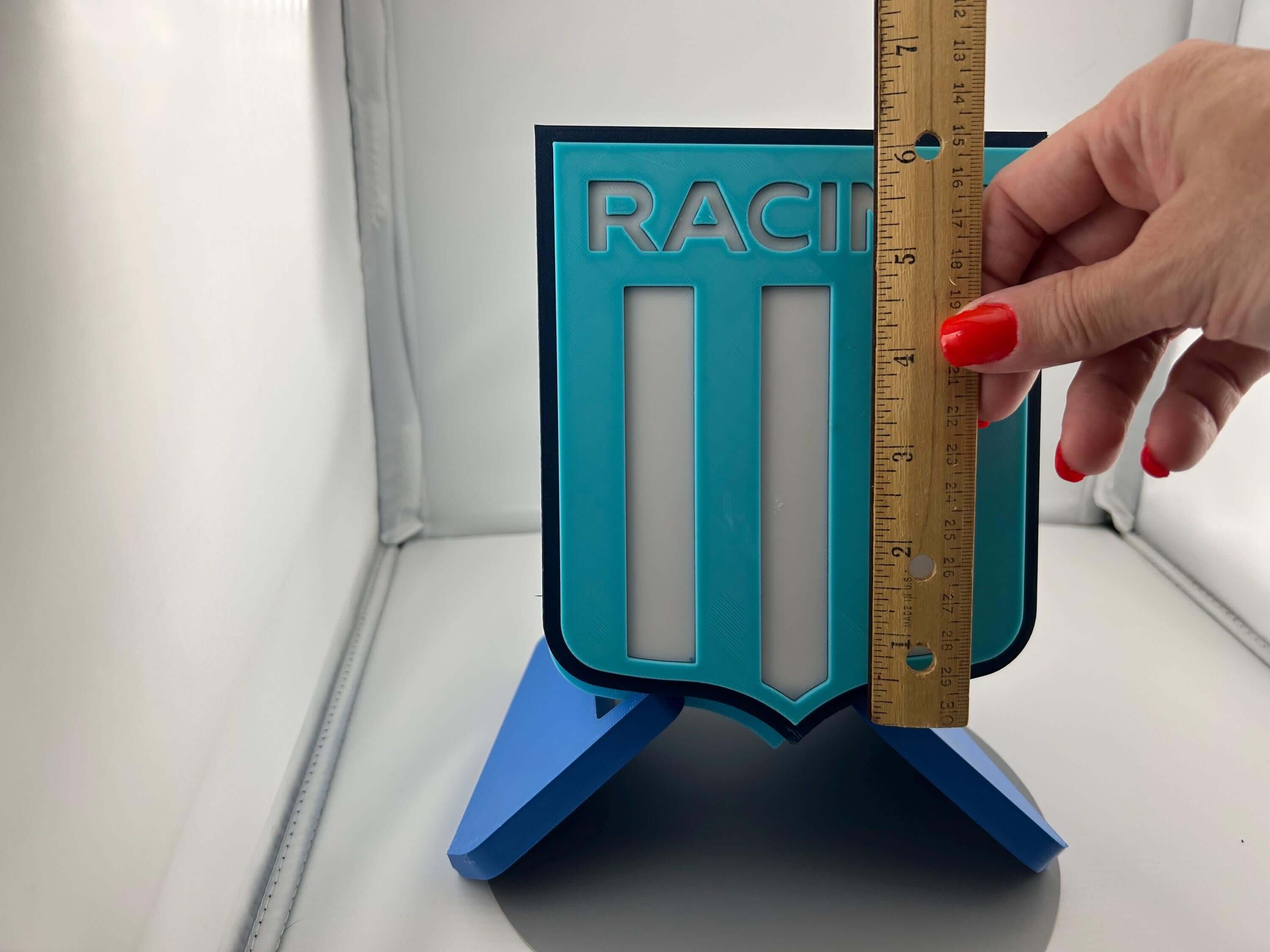 3D Racing Club de Avellaneda fan gift with vibrant colors and high quality materials, measuring with ruler for scale.