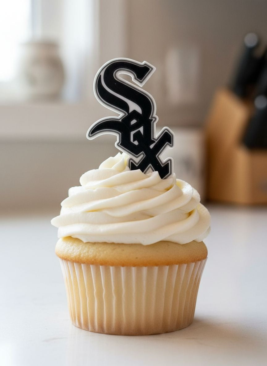 Chicago White Sox 3D printed cake topper and cupcake toppers, food-grade PETG Sox logo, MLB baseball birthday party decoration, made in USA