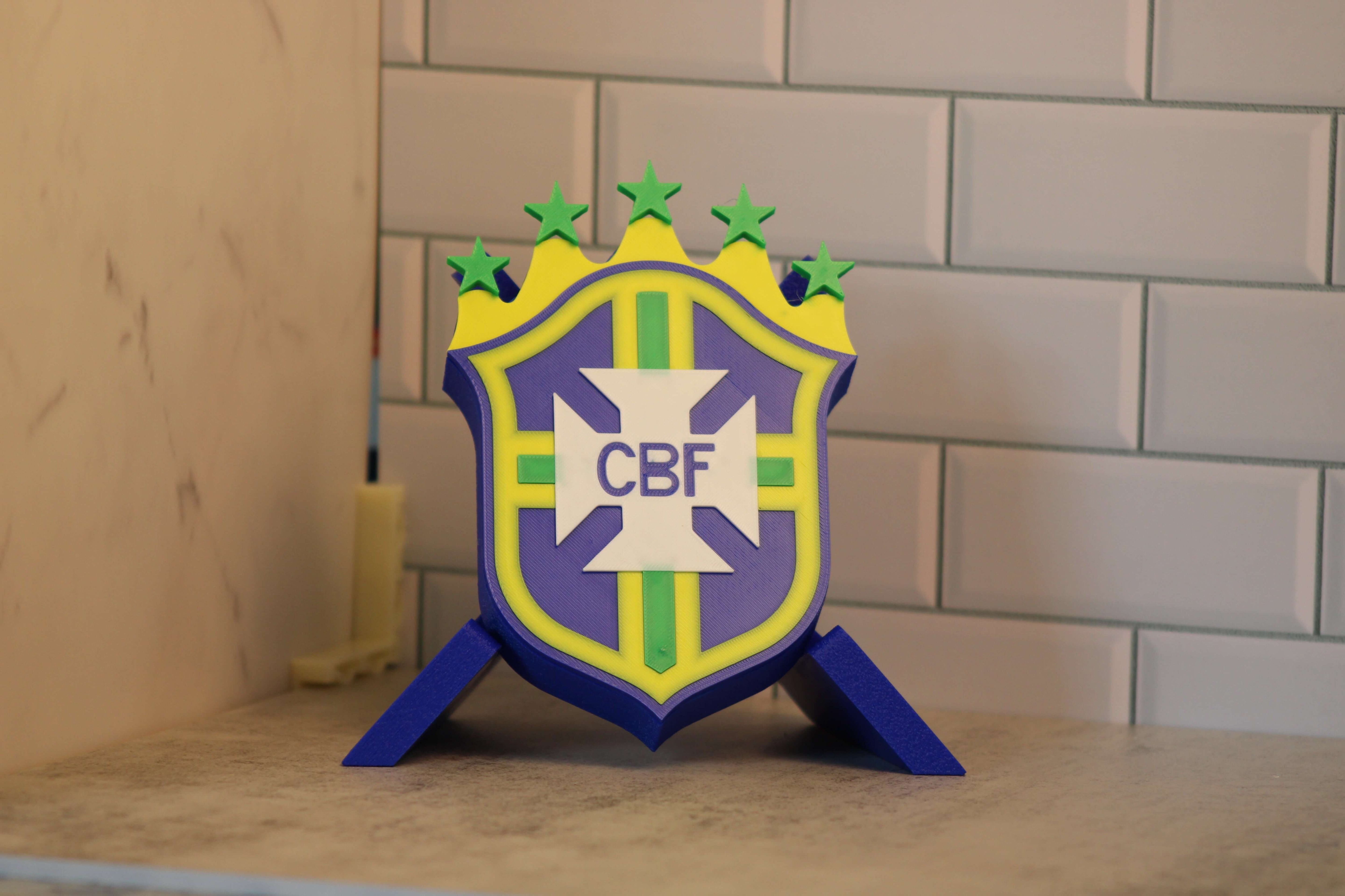 3D printed Brazil National Team emblem with vibrant colors, honoring 5 World Cup wins for soccer fans.
