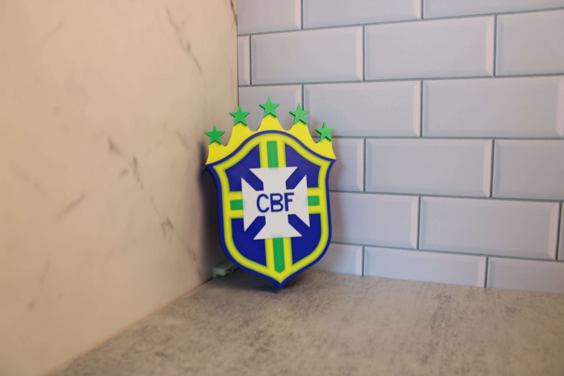 Brazil National Team 3D Printed Emblem in vibrant colors, showcasing pride in five World Cup victories.