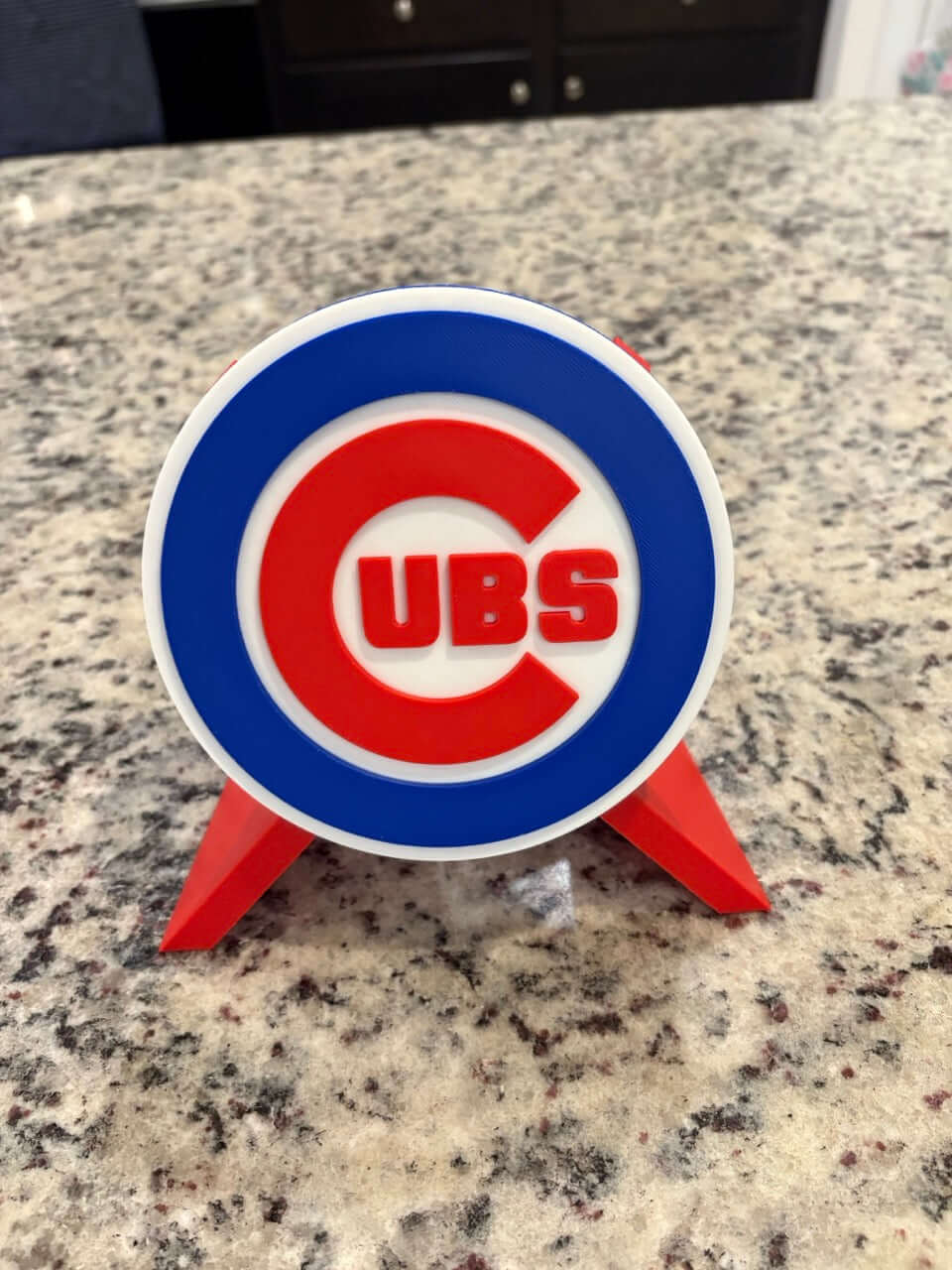 3D Chicago Cubs plaque with vibrant colors on a granite countertop, perfect sports decor for fans.
