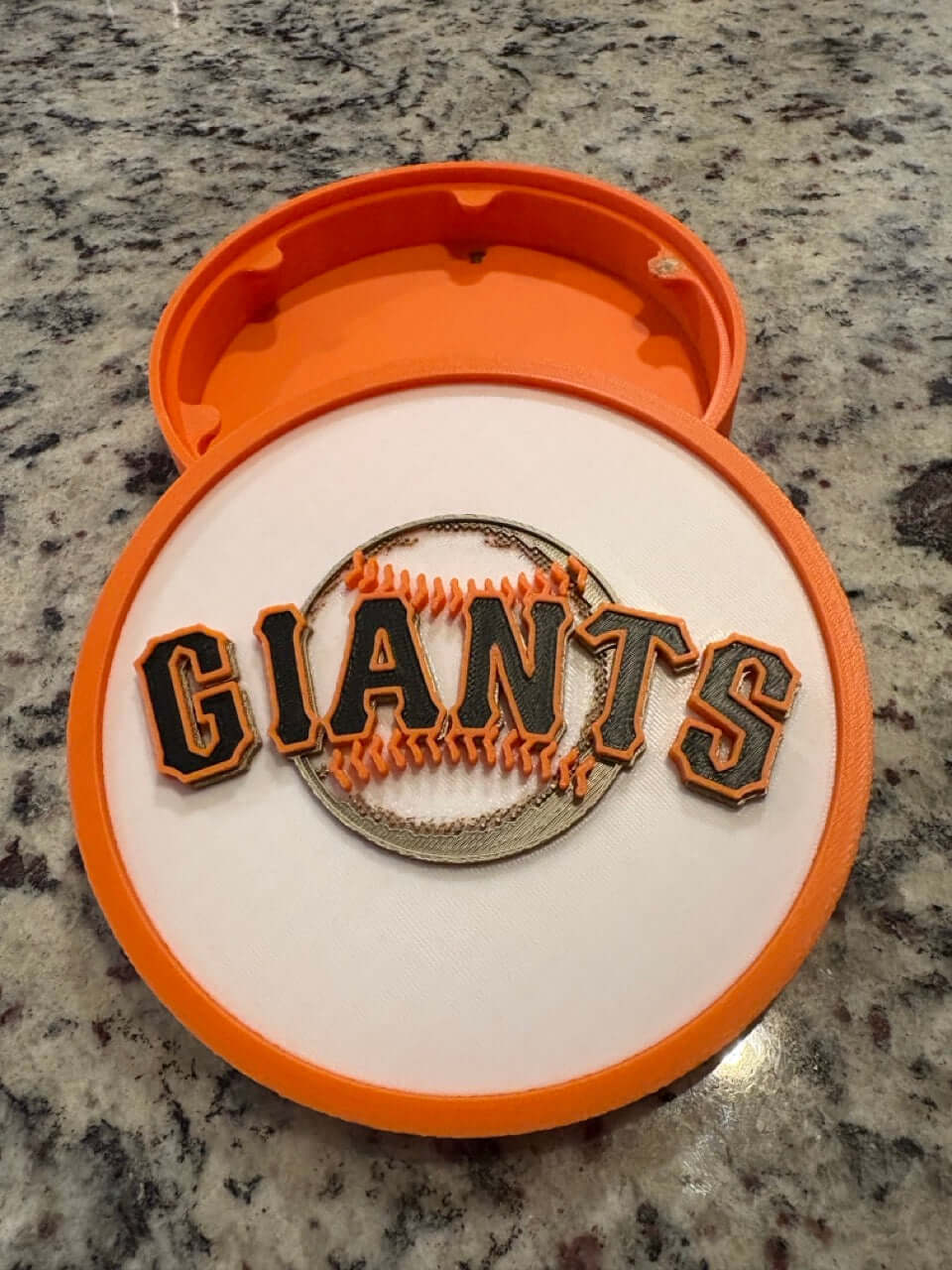 Custom 3D printed San Francisco Giants baseball plaque in vibrant orange and black, perfect for sports decor.
