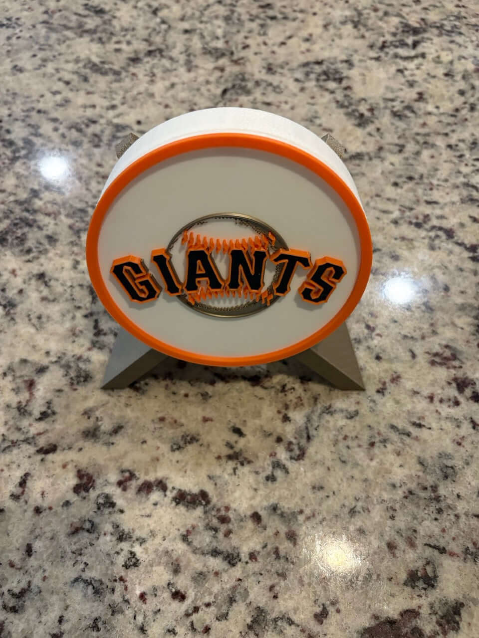 Customized San Francisco Giants 3D printed plaque on a stand, featuring vibrant colors and unique sports decor.