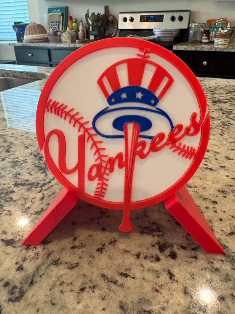 Customized 3D printed New York Yankees plaque in vibrant red and blue colors, perfect for baseball decor.