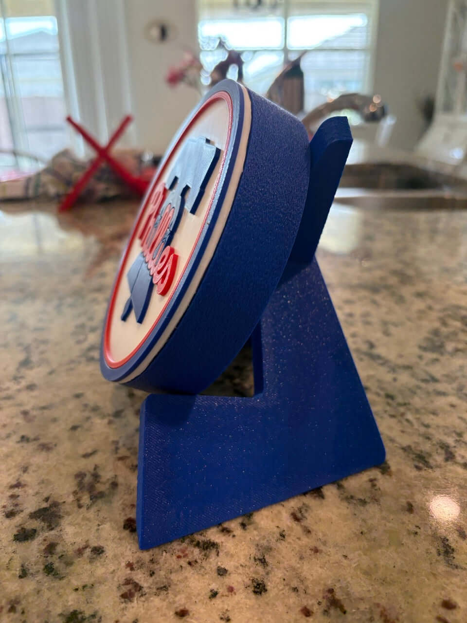 Customized Philadelphia Phillies 3D printed plaque in blue on a stand, showcasing vibrant colors and unique sports decor.