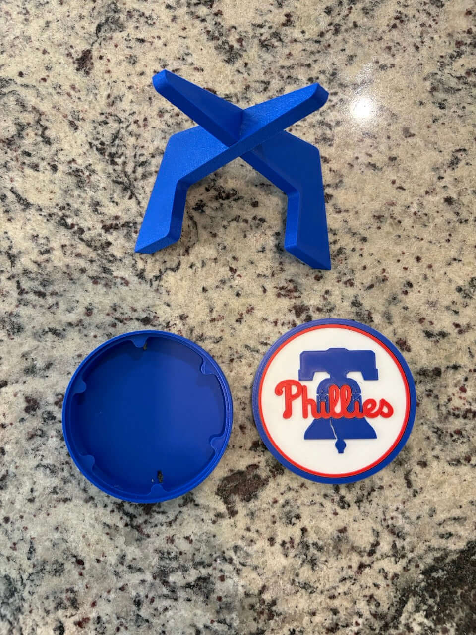 Customized blue Philadelphia Phillies 3D printed plaque stand with vibrant logo and no assembly required.