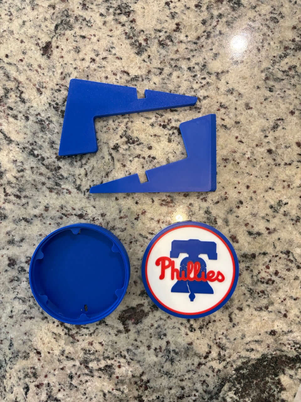 Customized Philadelphia Phillies 3D printed plaque pieces in blue, ready for assembly, vibrant MLB fan decor.