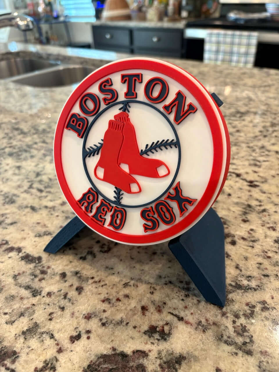 Customized Boston Red Sox 3D printed plaque on display, vibrant colors, perfect for sports decor and gifts.