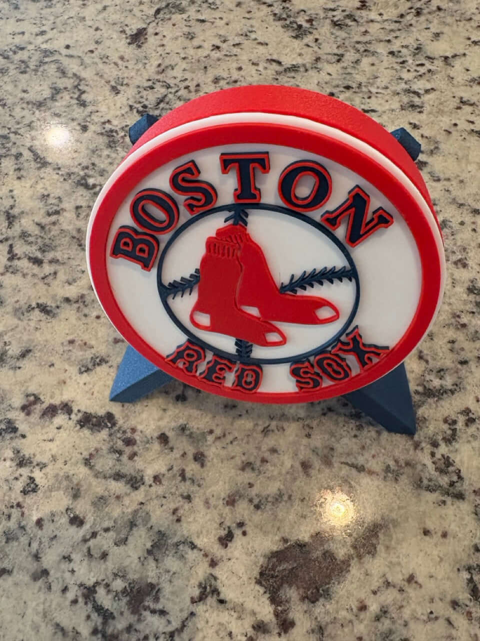 3D printed Boston Red Sox plaque in vibrant colors, perfect for sports decor and gifts, no assembly required.