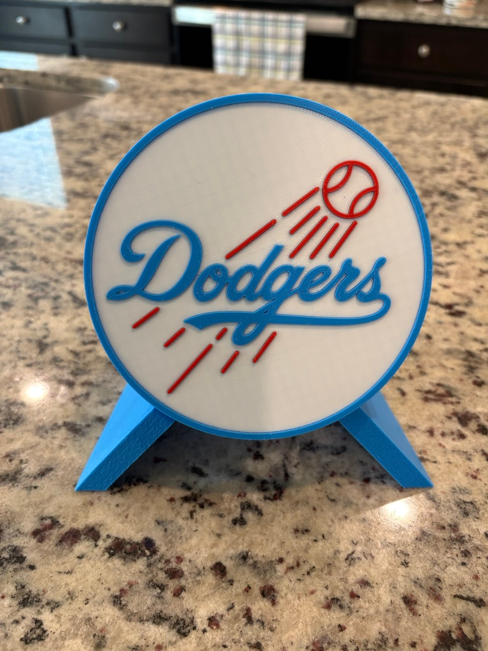 LA Dodgers 3D decorative box on chevron display stand — real product photo, front view on granite counter