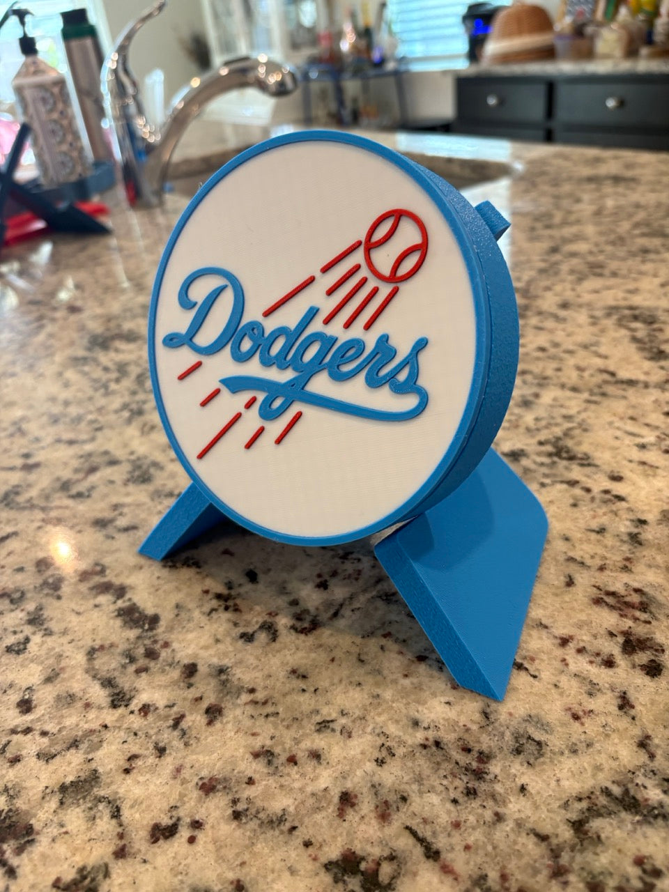 LA Dodgers 3D decorative box on chevron display stand — real product photo, kitchen counter