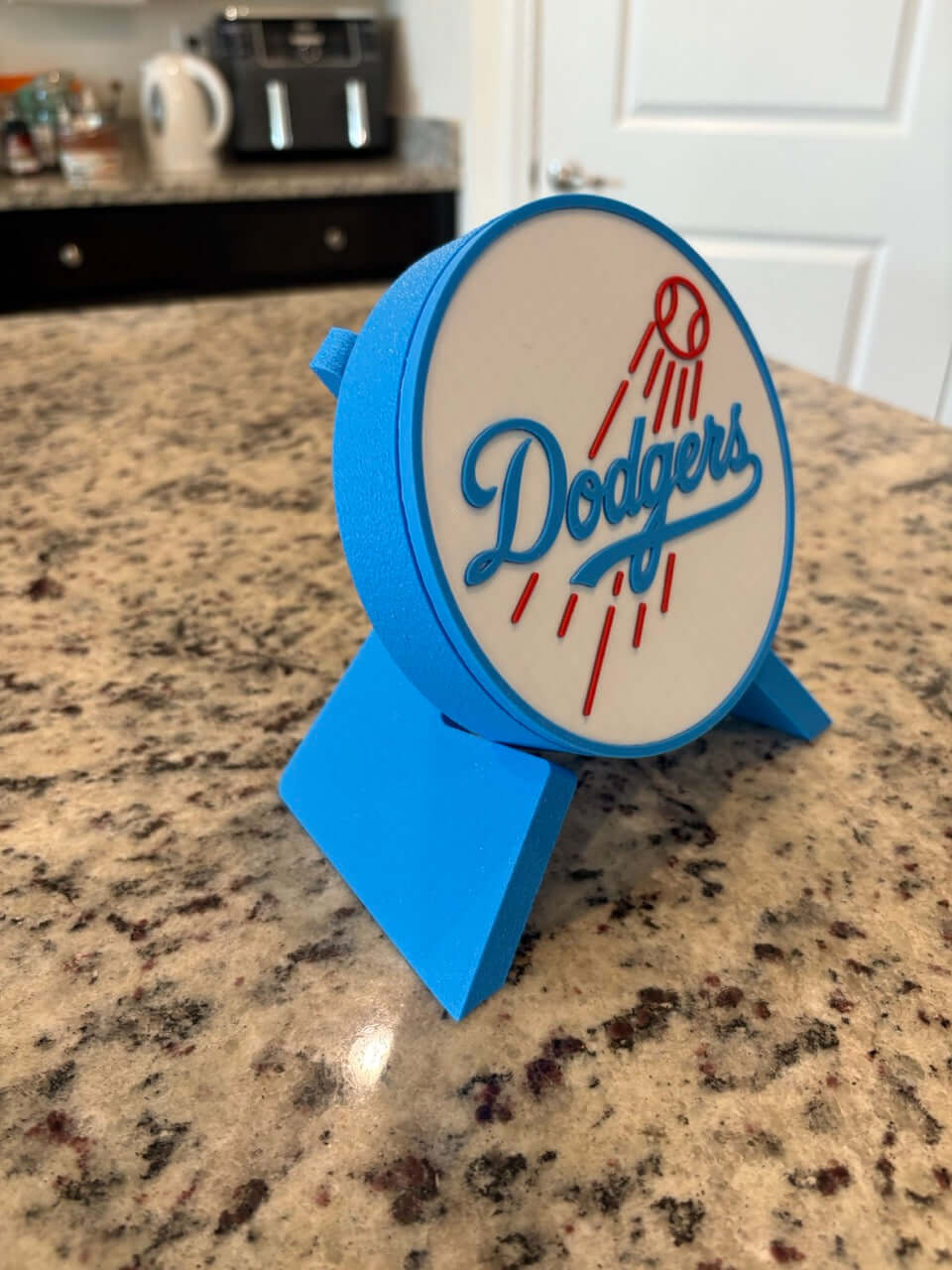 3D printed Los Angeles Dodgers plaque in vibrant blue and white, perfect sports decor for MLB fans.