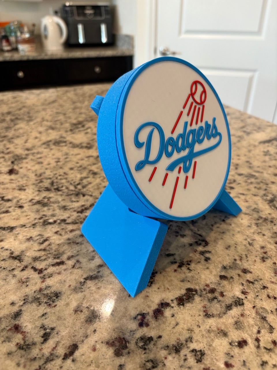LA Dodgers 3D decorative box on chevron display stand — real product photo, angled view