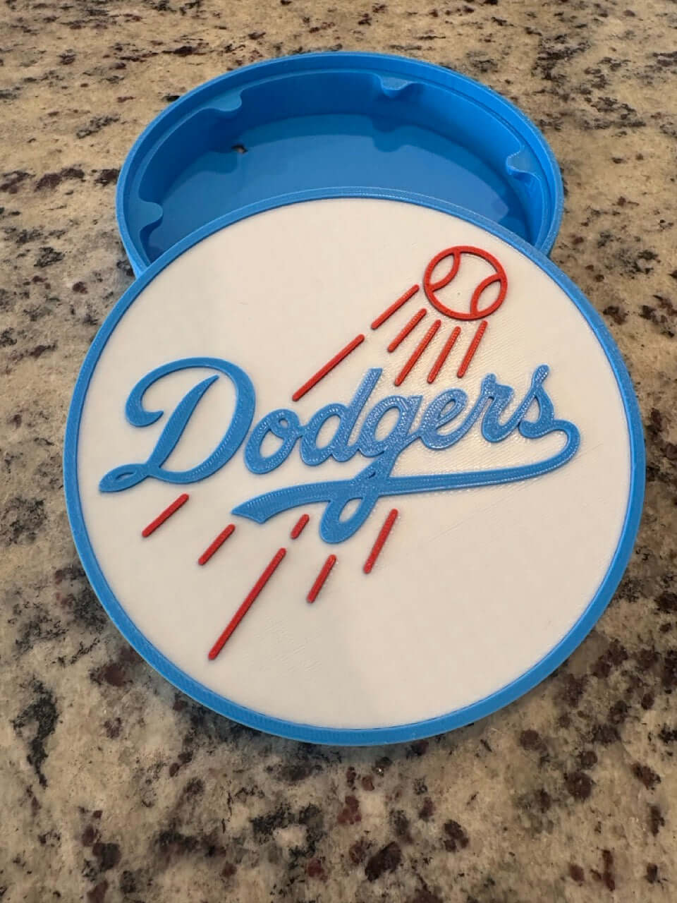 Customized 3D printed Los Angeles Dodgers plaque in blue and white, perfect for sports decor and unique fan gifts.