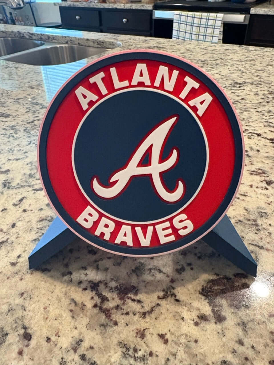 3D printed Atlanta Braves plaque with vibrant colors, showcasing team loyalty in premium sports decor.