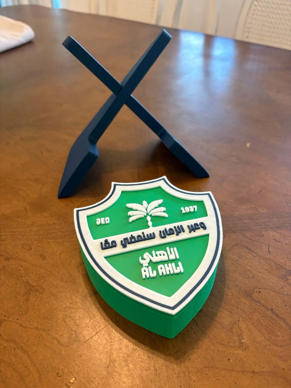 Al-Ahli Saudi FC 3D printed plaque with detailed green and white crest, eco-friendly, no assembly needed.