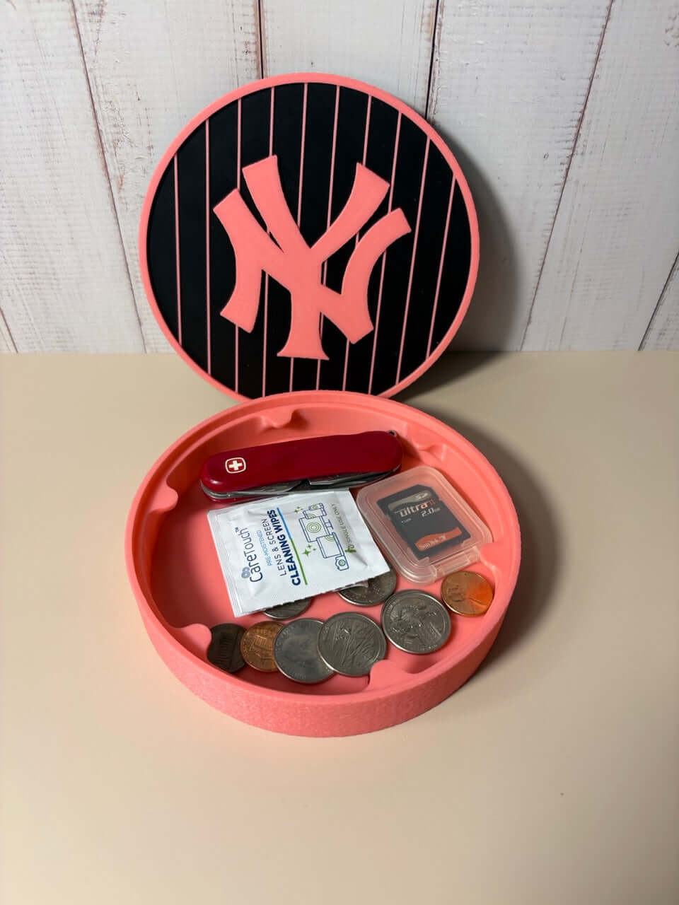 NY Yankees 3D Logo Stash Box in pink, showcasing vibrant colors and unique pieces for organizing small items.