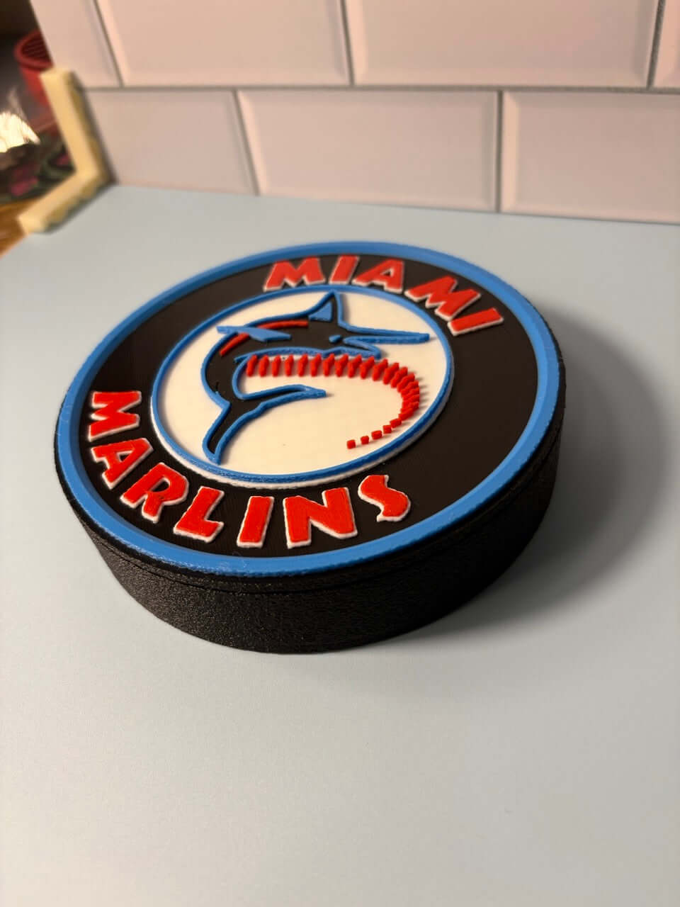 Florida Marlins 3D logo stash box, vibrant colors, unique piece, no assembly required, high quality materials.