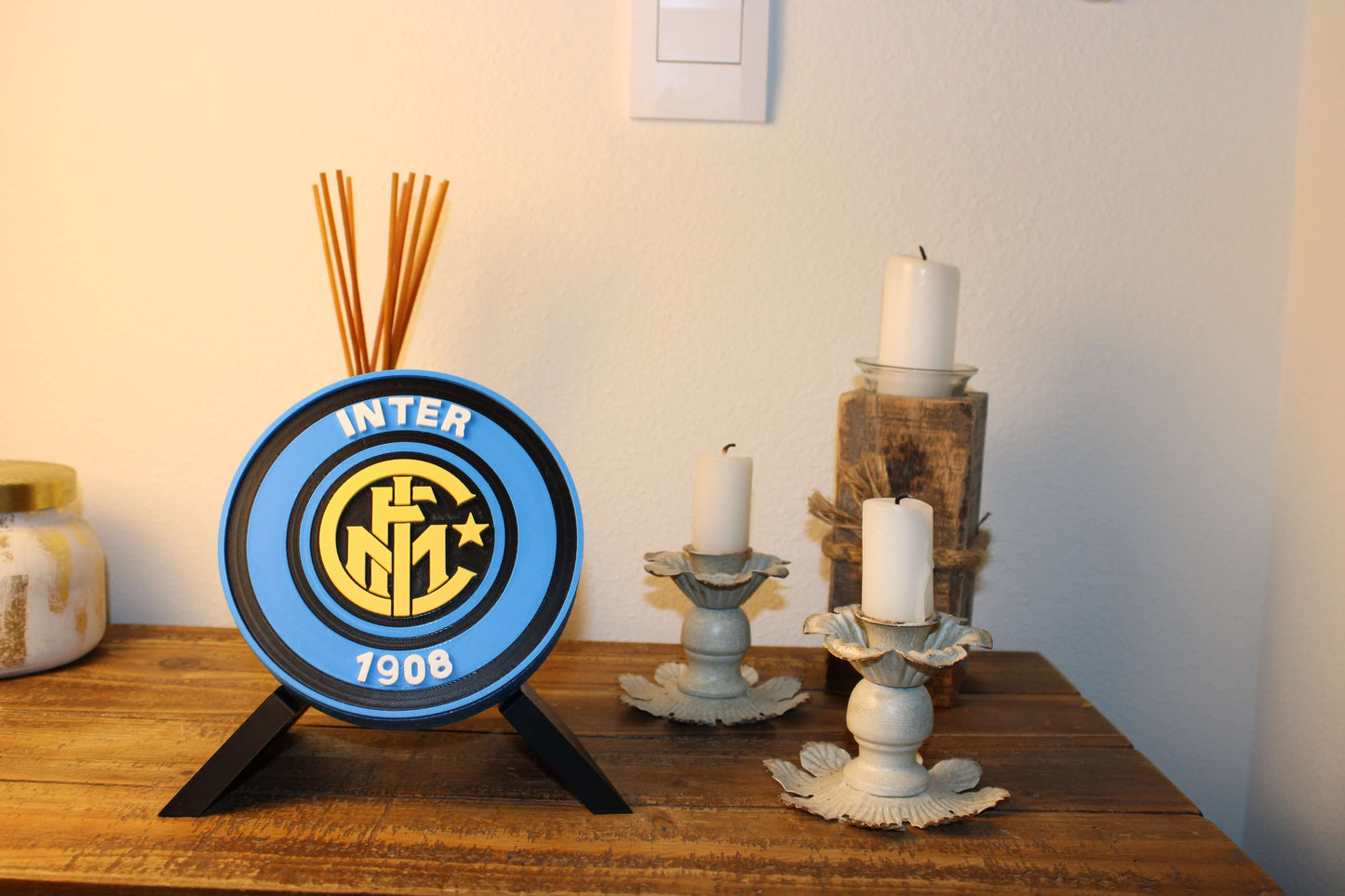 Inter Milan Retro 3D Printed Emblem on display, perfect decor for soccer fans with vibrant colors and unique design.
