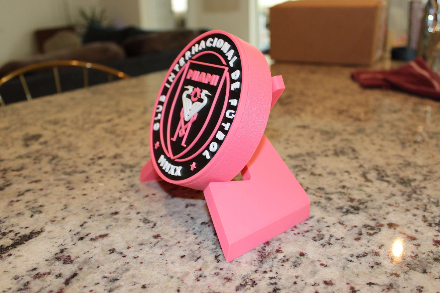 Inter Miami 3D Printed Emblem in vibrant pink, stylish decor for soccer fans and Messi followers.