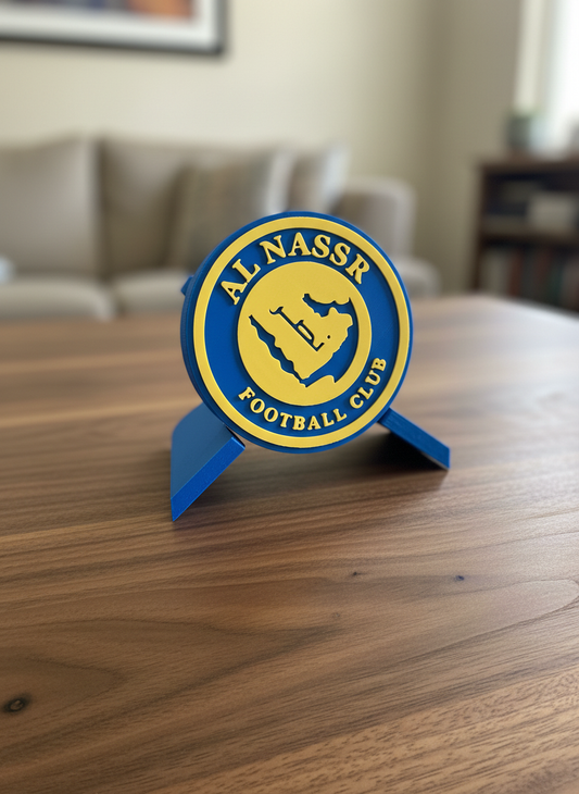 Al Nassr FC 3D printed decorative plaque with yellow and blue team crest on desk stand