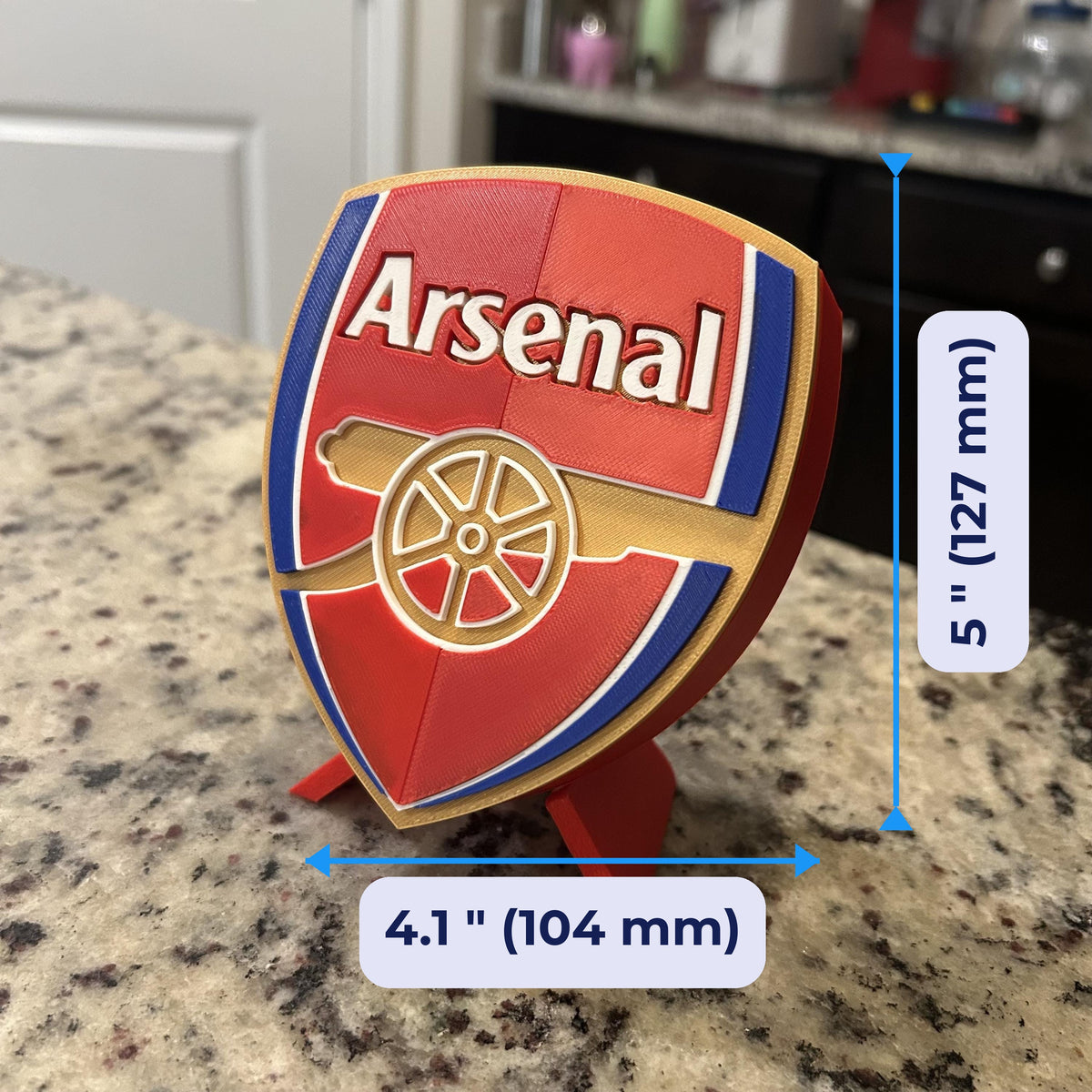 Arsenal FC 3D printed display size guide — 5 inch (127 mm) tall, made in USA