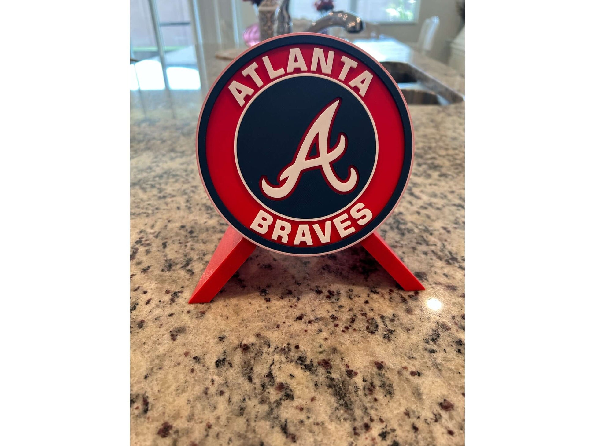 Atlanta Braves 3D printed team plaque on display, vibrant colors, unique baseball fan decor, premium quality.