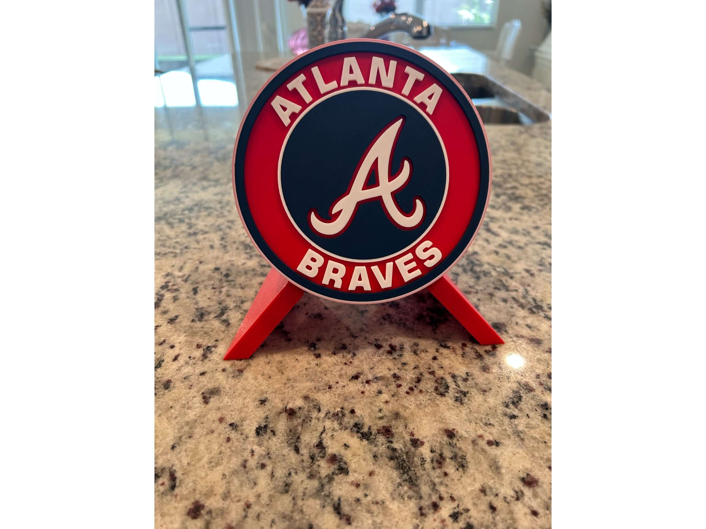 Atlanta Braves 3D printed team plaque on display, vibrant colors, unique baseball fan decor, premium quality.
