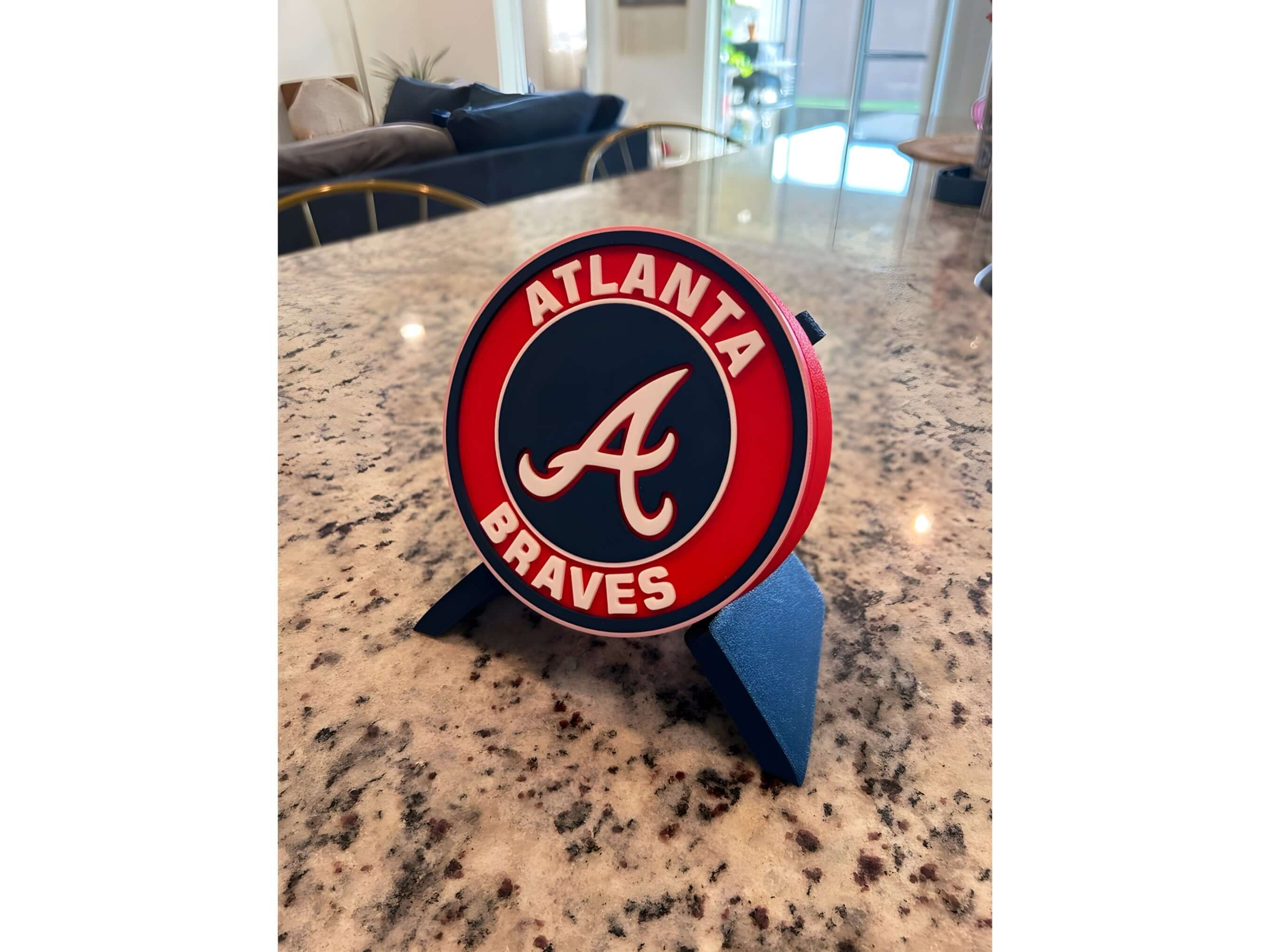 Atlanta Braves 3D printed plaque on display, showcasing vibrant colors and iconic logo, perfect fan decor.