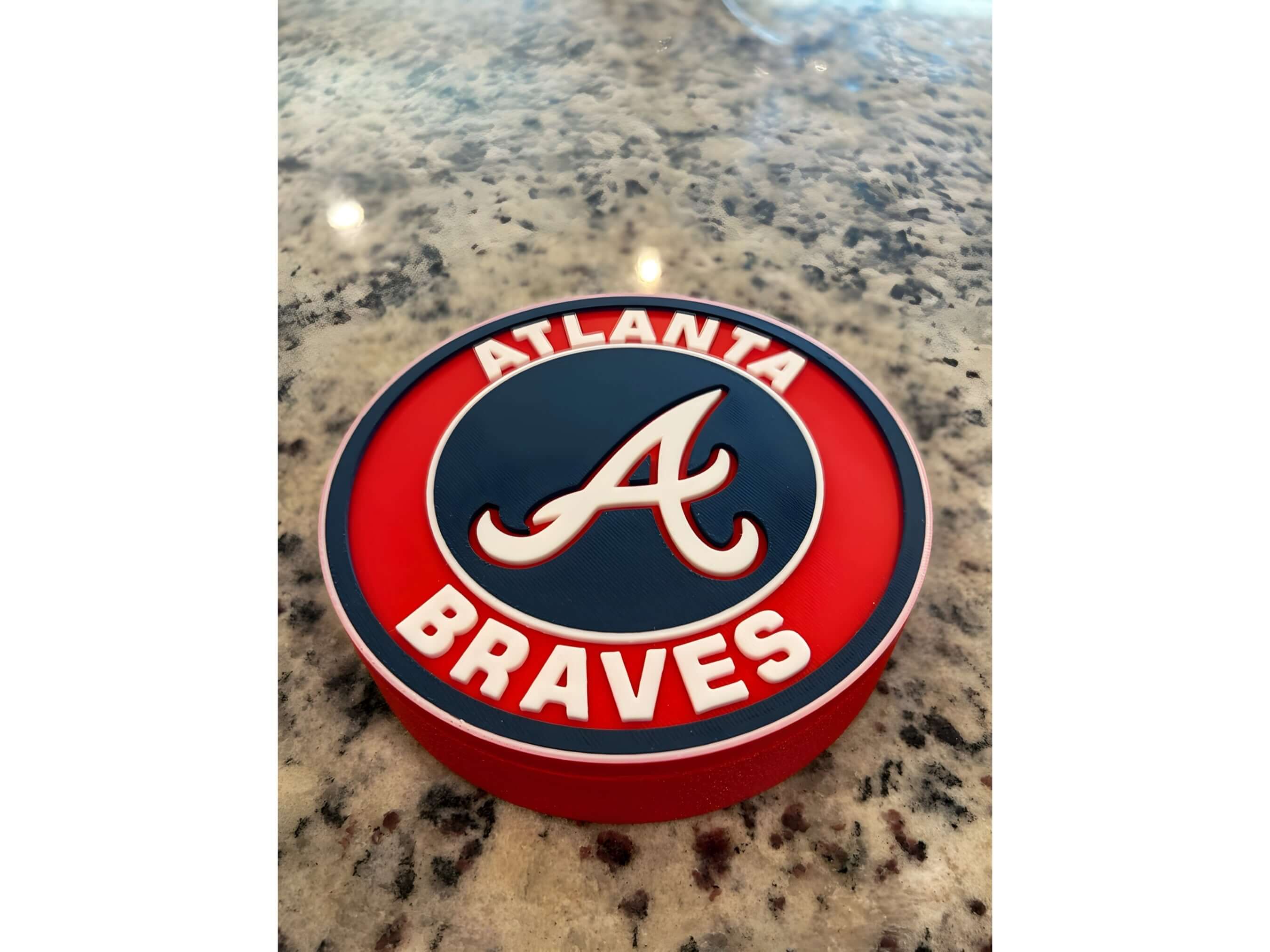 Atlanta Braves 3D printed plaque displaying vibrant team logo, perfect for baseball decor and gifts.