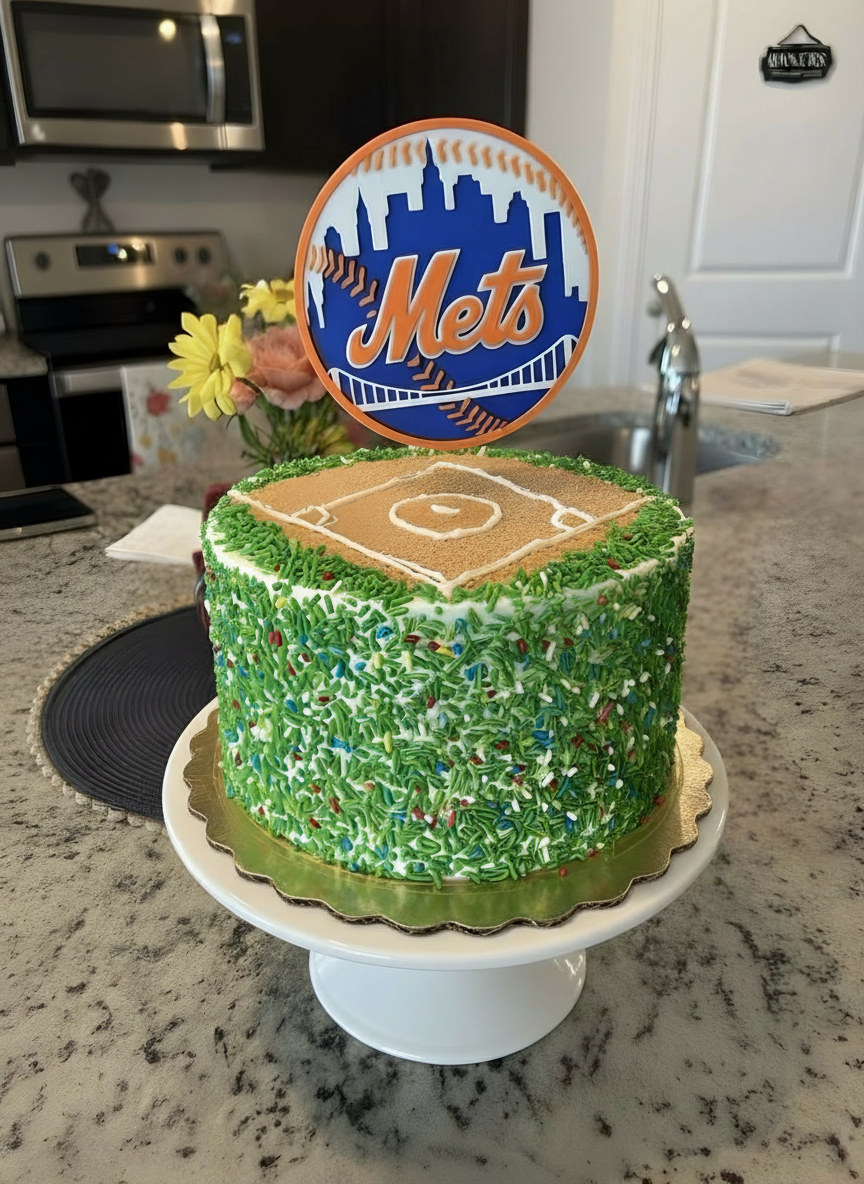Mets cake topper on a baseball-field-themed birthday cake — disc rests directly on dirt diamond, no visible stick