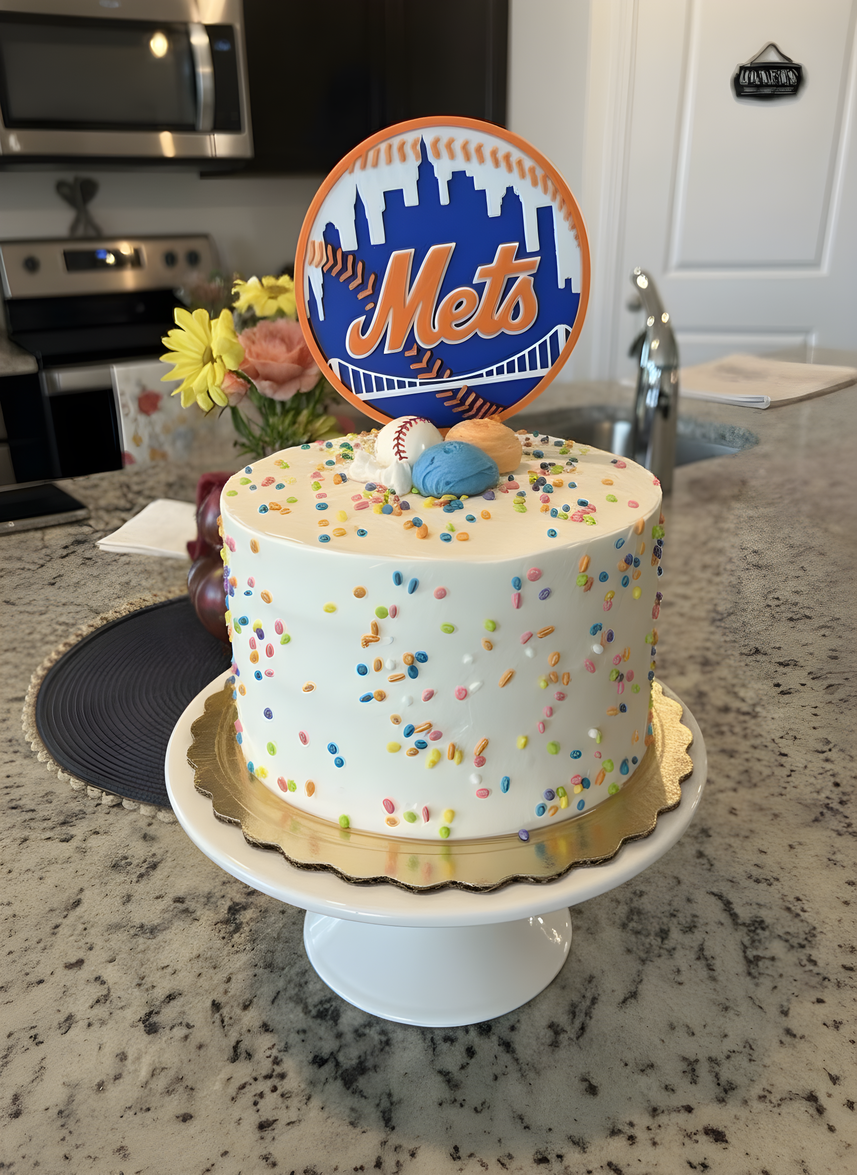 Mets cake topper inserted in a full-size 10-inch sprinkle birthday cake on a white pedestal — kitchen lifestyle