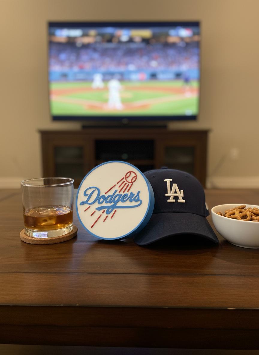 Los Angeles Dodgers 3D decorative display with raised interlocked LA logo in team colors on desk stand