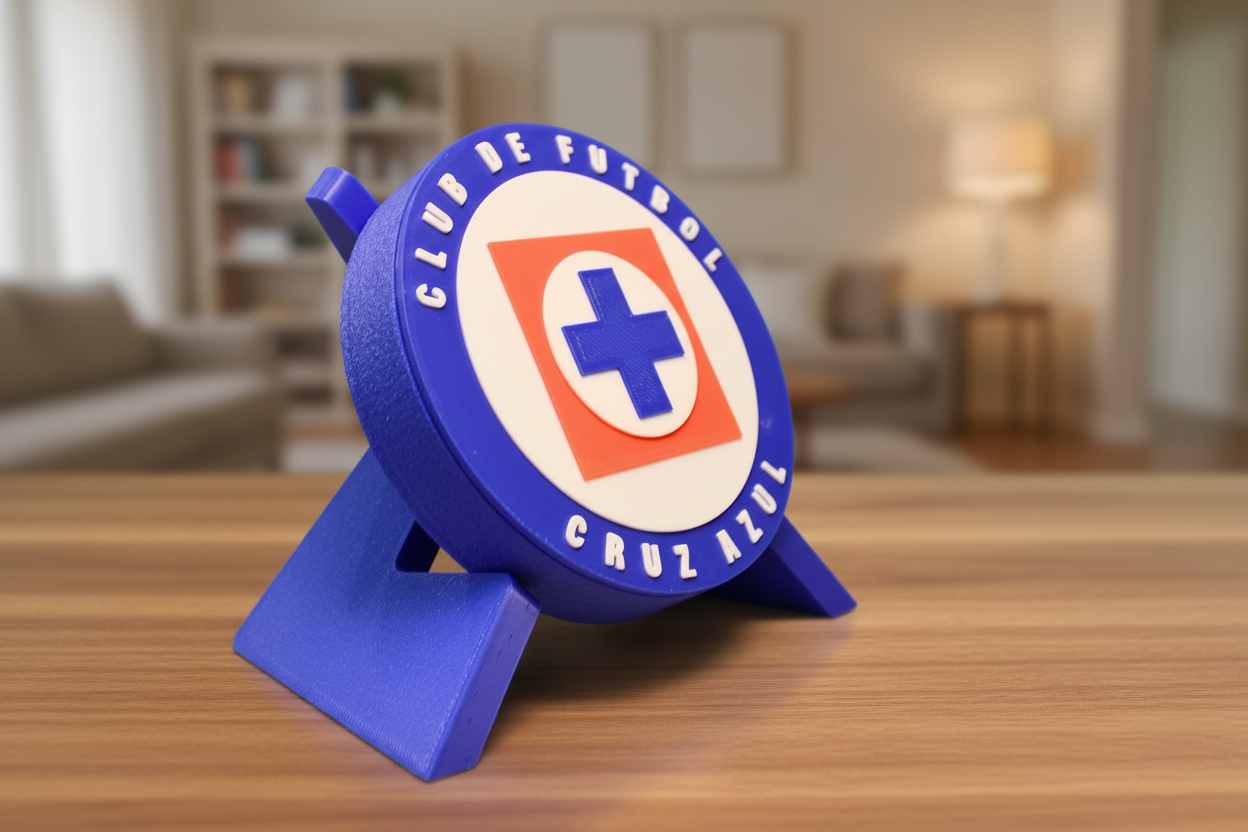 Cruz Azul fan tribute 3D printed decorative plaque with team crest on desk stand